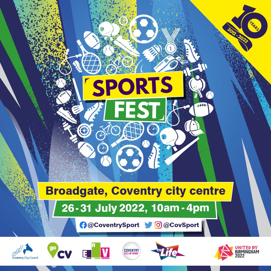 Sports fest 2022 text on a blue and yellow background with white outlined shapes of different sports, including a football, tennis racket, skipping rope and baseball bats.