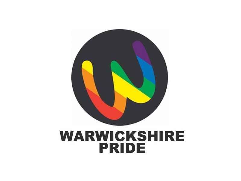 Rainbow coloured 'W' and teh text Warwickshire Pride in black.