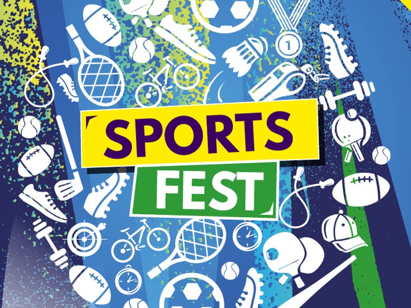 Sports fest 2022 text on a blue and yellow background with white outlined shapes of different sports, including a football, tennis racket, skipping rope and baseball bats.
