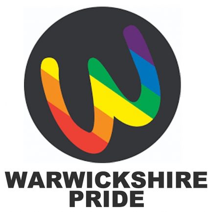 Rainbow coloured &#039;W&#039; and teh text Warwickshire Pride in black