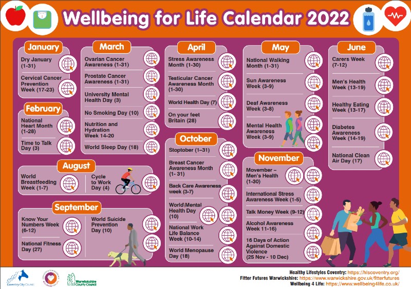 Orange and Purple calendar of wellbeing events throughout the year with clickable links to supporting websites.